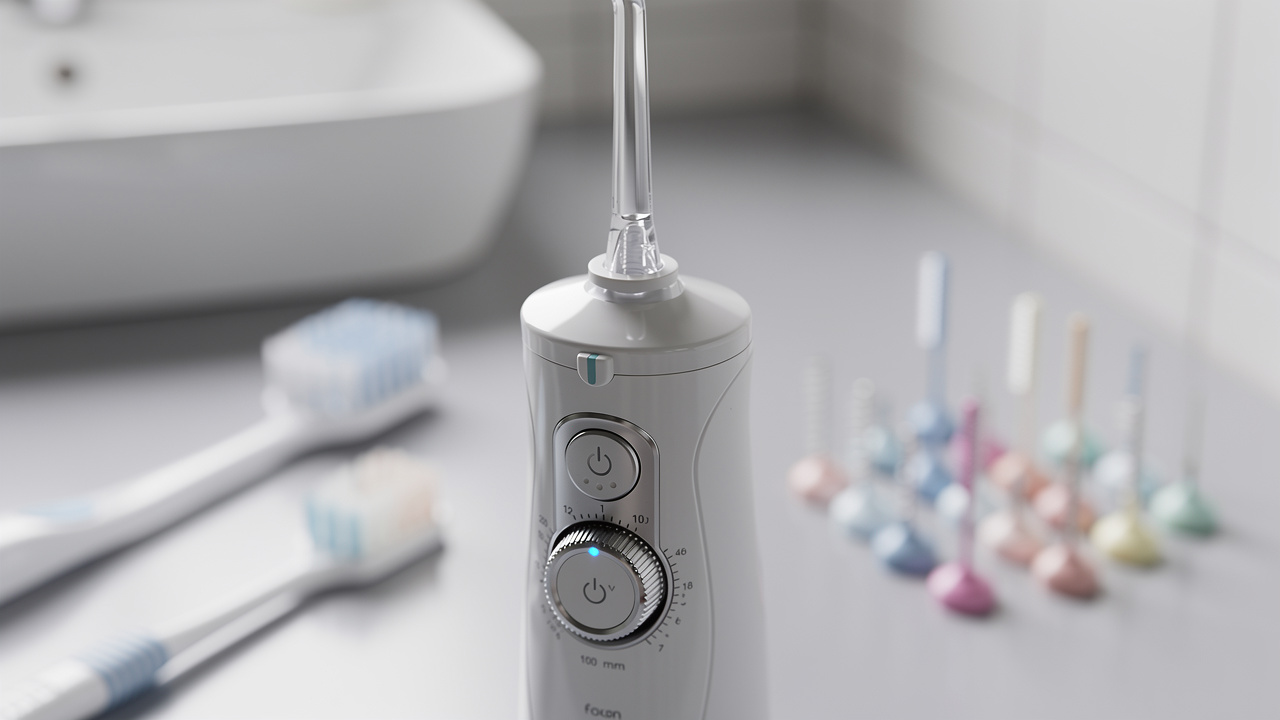 Gros plan d’un hydropulseur dentaire avec réglage basse pression, à côté d’une brosse à dents souple et d’accessoires interdentaires.