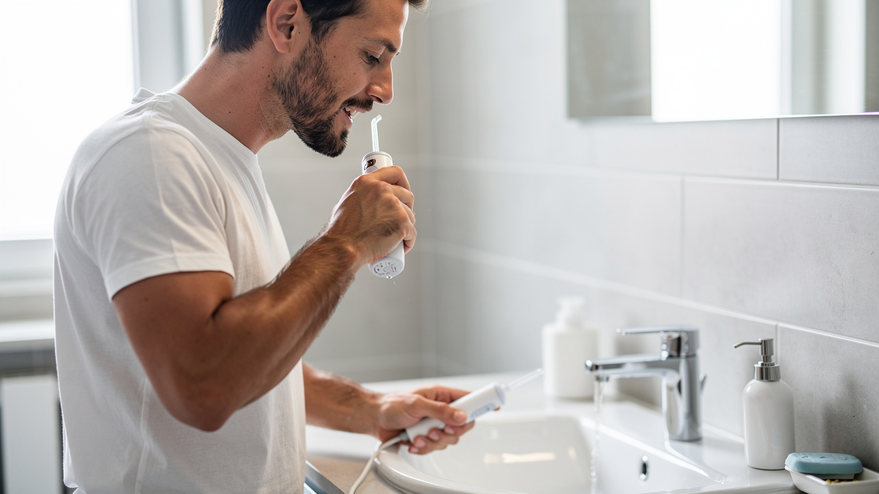 Un homme utilise doucement un hydropulseur au-dessus d’un lavabo dans une salle de bain claire, avec un focus sur les gencives sensibles.