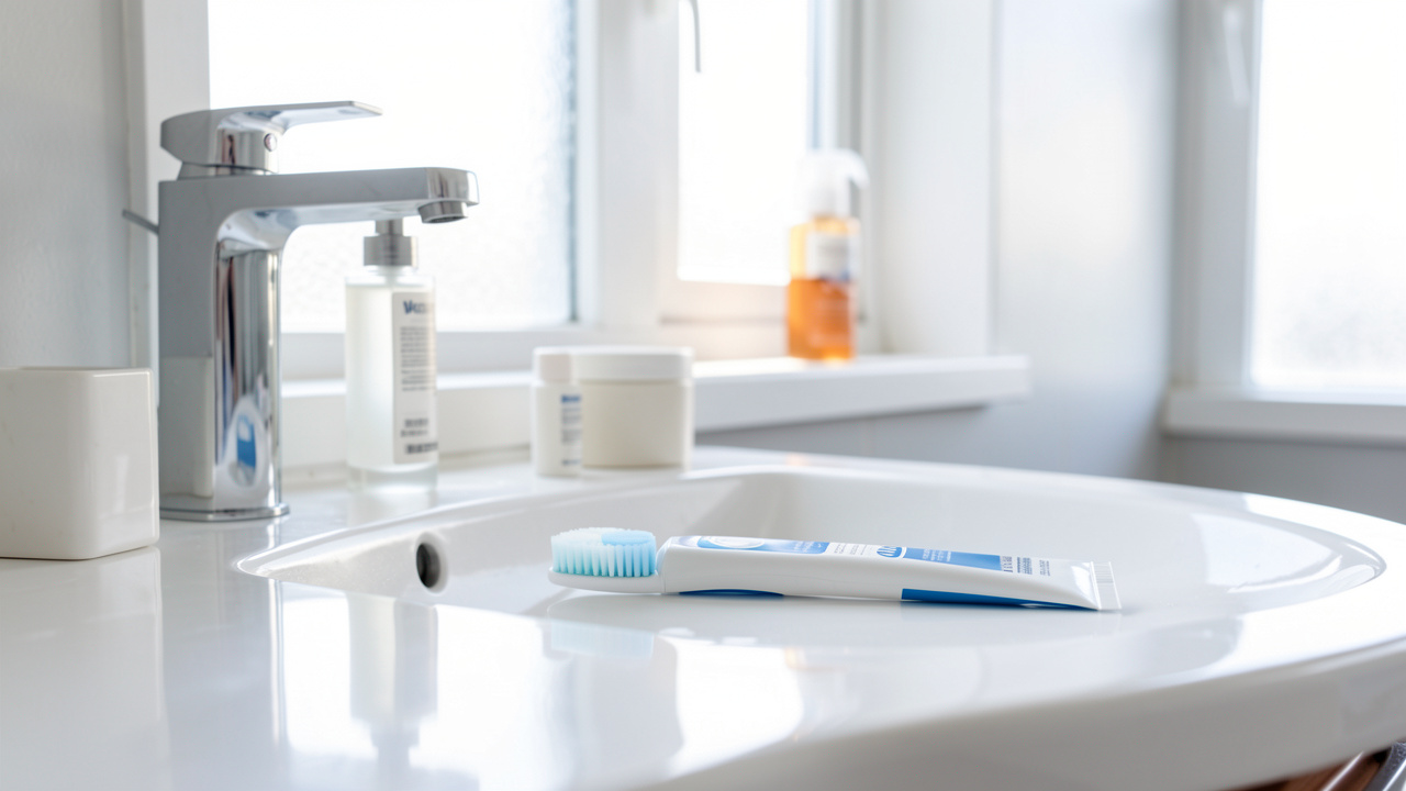 Salle de bain lumineuse avec une brosse à dents souple, un tube de dentifrice et des accessoires de routine de soin bucco-dentaire sur l’évier.