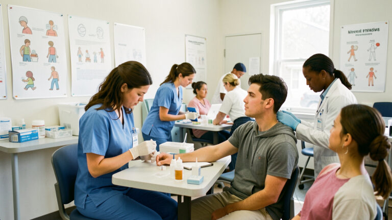 Scène réaliste dans une clinique américaine où une infirmière administre un vaccin contre la rougeole à un jeune homme, tandis qu’une autre professionnelle de santé organise du matériel médical et des supports d’information visuelle.