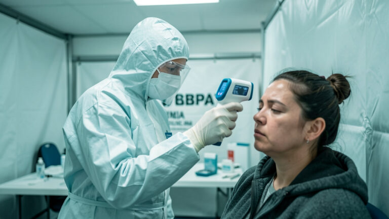 Image réaliste montrant un soignant en protection complète vérifiant la température d’un patient fiévreux dans une clinique temporaire, dans un contexte de prévention Ebola.