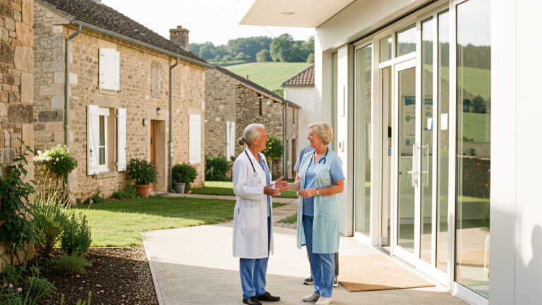 Maison de santé moderne dans un village rural français, avec une médecin et une infirmière accueillant chaleureusement deux patients âgés dans une ambiance lumineuse.