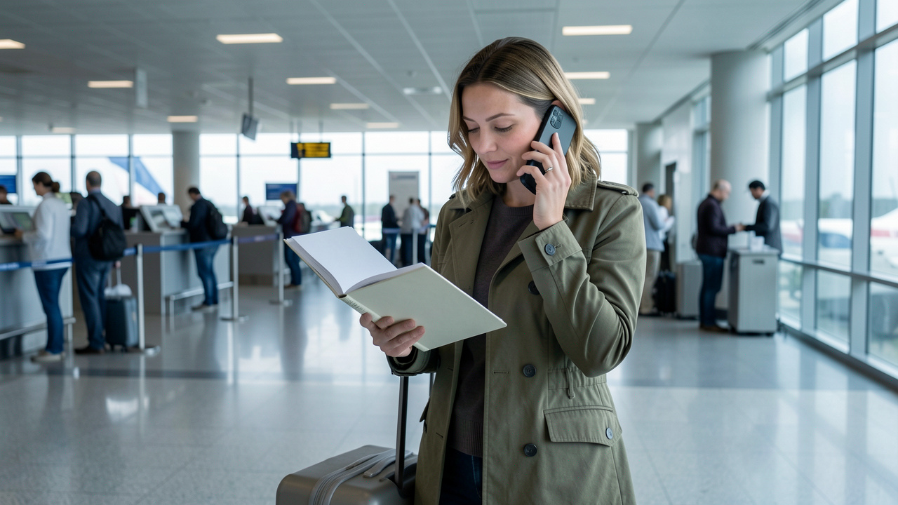 Une voyageuse consulte un carnet de vaccination aux pages vierges tout en appelant un professionnel de santé dans un aéroport américain.