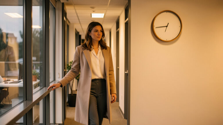 Une employée quitte calmement son lieu de travail en soirée, dans un couloir de bureau éclairé par une lumière douce, avec une horloge analogique indiquant environ 19 h 30.