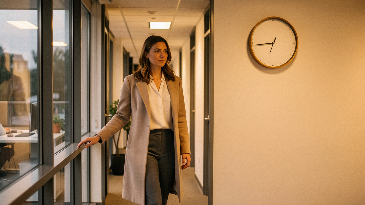 Une employée quitte calmement son lieu de travail en soirée, dans un couloir de bureau éclairé par une lumière douce, avec une horloge analogique indiquant environ 19 h 30.