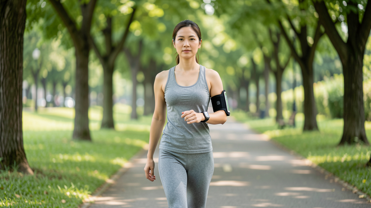 Femme adulte marchant d’un pas soutenu dans un parc verdoyant, portant un tensiomètre discret au poignet dans une ambiance apaisante dédiée à la santé cardiovasculaire.