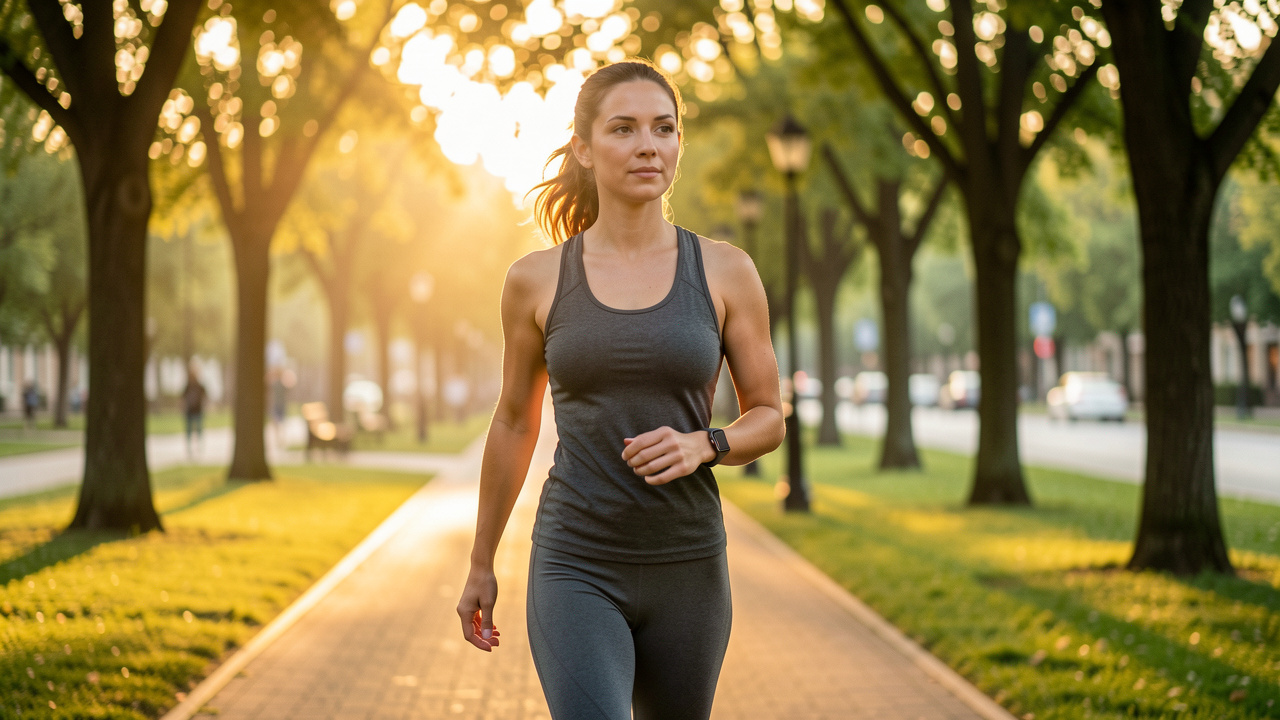 Femme adulte marchant rapidement dans un parc au lever du soleil, portant une montre discrète de fréquence cardiaque, dans une ambiance de santé et de sérénité.