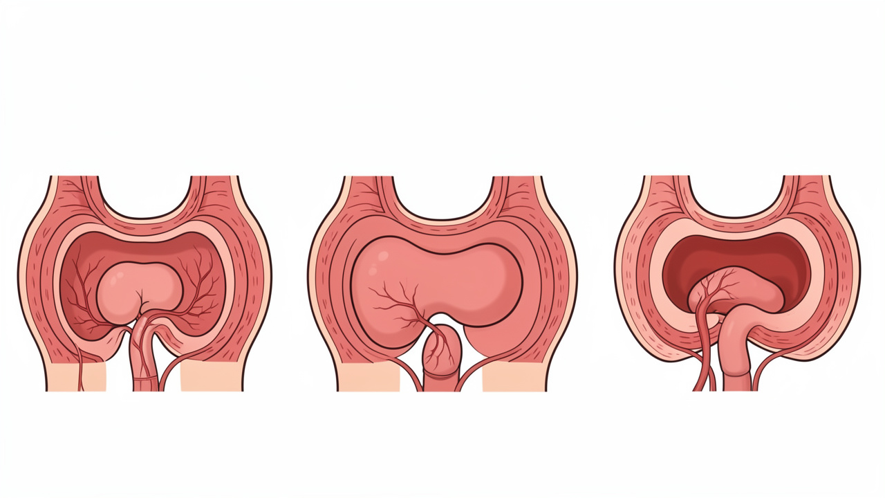 Illustration médicale en quatre vues montrant l’évolution visuelle des hémorroïdes internes, d’un gonflement vasculaire discret à un prolapsus avancé, dans le canal anal et le rectum.