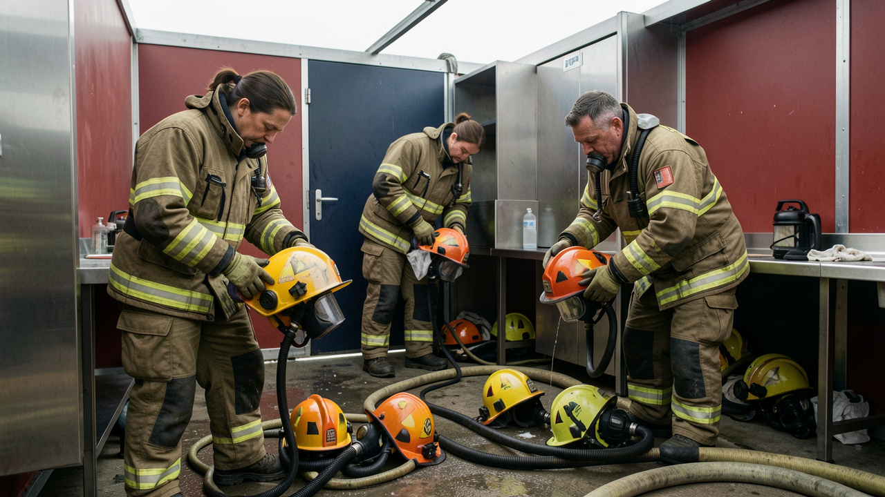 Deux hommes et une femme sapeurs-pompiers en tenue complète nettoient méthodiquement leur matériel dans une zone de décontamination après une intervention.