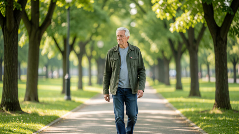 Un homme senior aux cheveux argentés marche sereinement dans un parc arboré, dans une atmosphère douce évoquant la santé cérébrale.