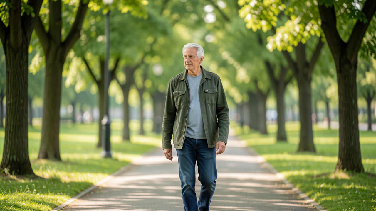 Un homme senior aux cheveux argentés marche sereinement dans un parc arboré, dans une atmosphère douce évoquant la santé cérébrale.