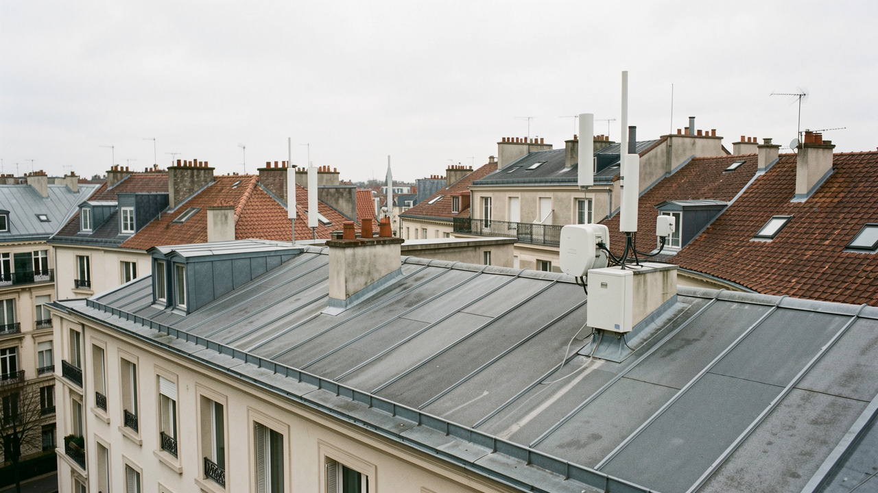 Toit d’un immeuble résidentiel français équipé d’antennes-relais discrètes, avec une vue urbaine réaliste sous une lumière douce.