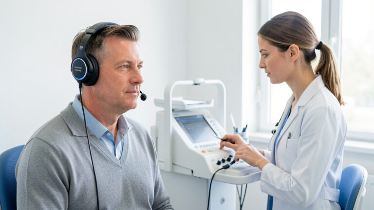 Un homme adulte porte un casque d’audiométrie pendant une consultation d’audiologie dans un cabinet médical clair, sous l’observation attentive d’une audiologue.
