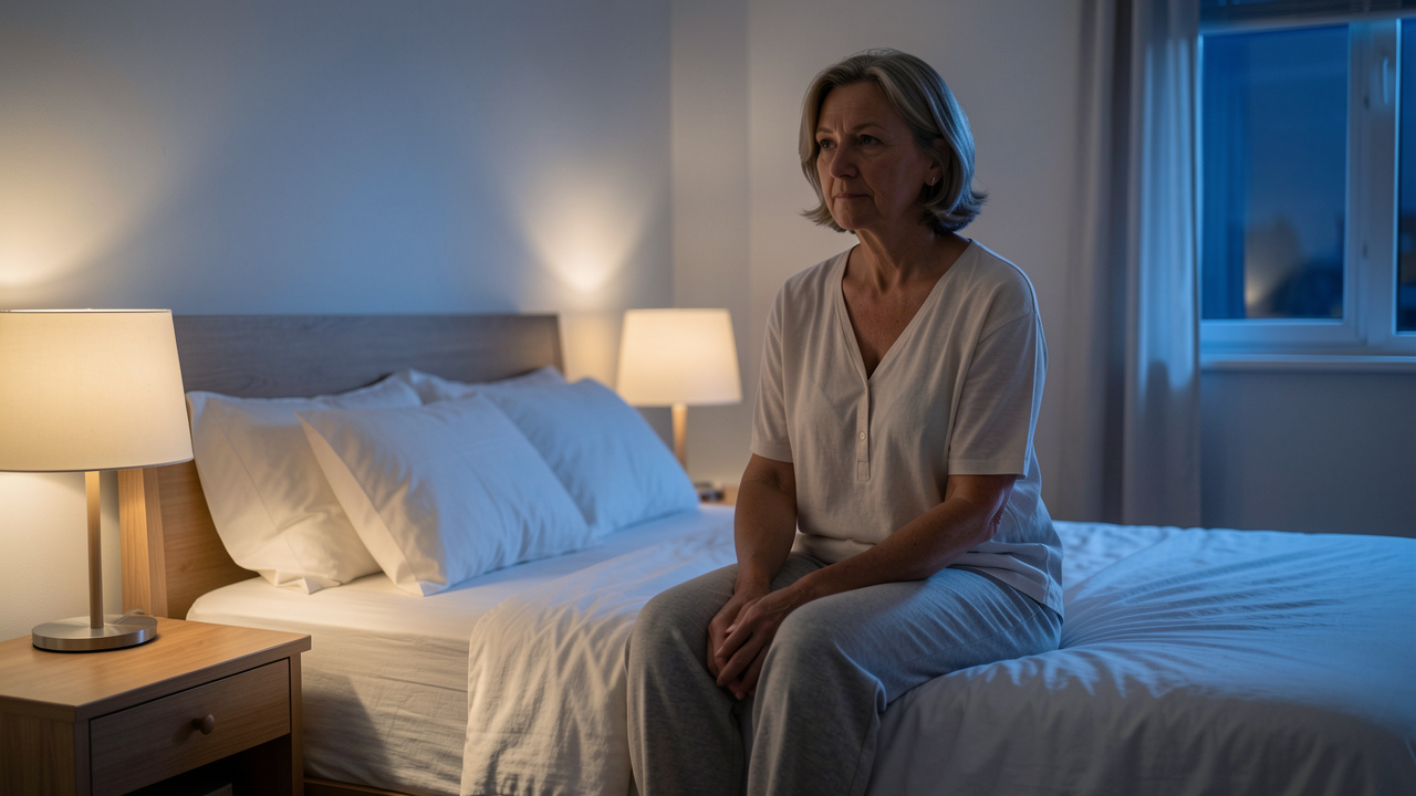 Femme d’âge moyen assise calmement sur le bord de son lit dans une chambre fraîche, éclairée doucement la nuit.