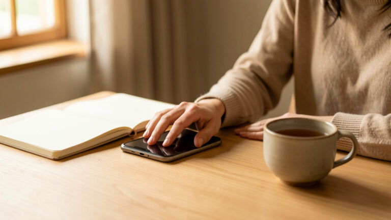 Une femme adulte pose son smartphone face cachée sur une table lumineuse, avec un carnet ouvert et une tasse de thé dans une ambiance calme et réaliste.