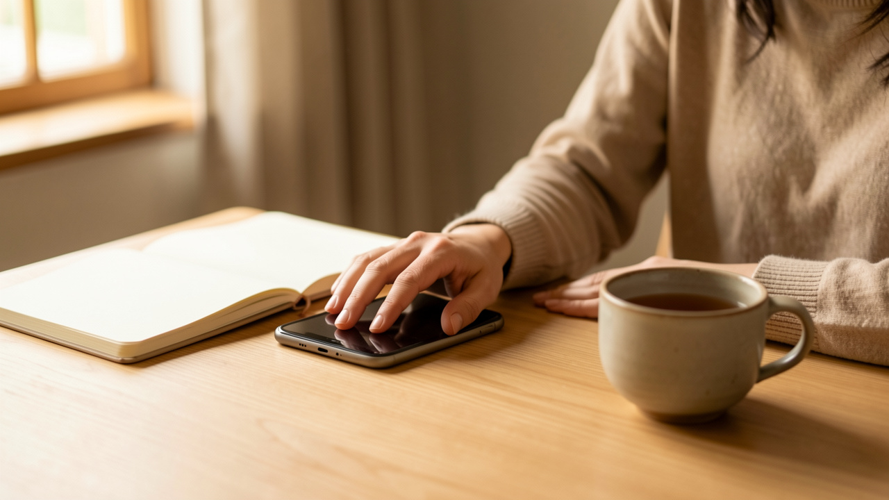 Une femme adulte pose son smartphone face cachée sur une table lumineuse, avec un carnet ouvert et une tasse de thé dans une ambiance calme et réaliste.