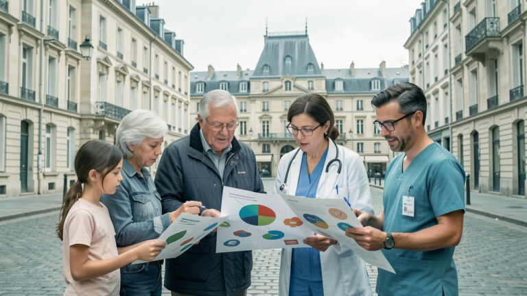 Illustration réaliste et sobre d’une ville française où des habitants de différents âges échangent avec des professionnels de santé autour d’indicateurs visuels de prévention.
