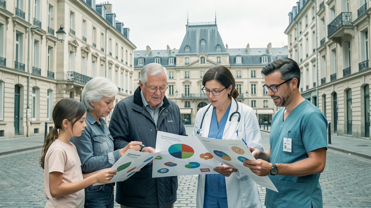 Illustration réaliste et sobre d’une ville française où des habitants de différents âges échangent avec des professionnels de santé autour d’indicateurs visuels de prévention.